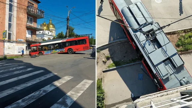 Троллейбус снёс тротуар в Ижевске. Удар пришёлся в жилой дом